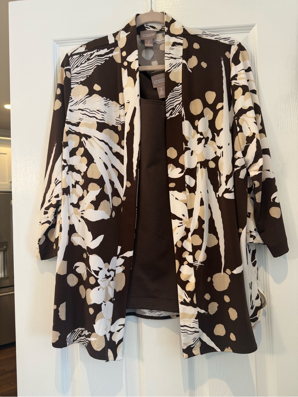 Chico's Brown, Cream & Tan Floral-Abstract Open Cardigan